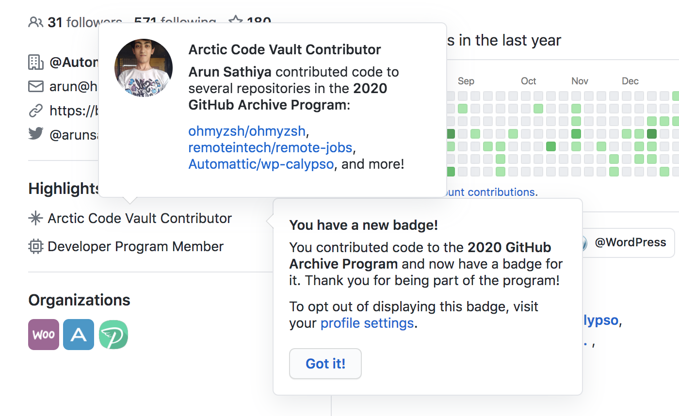 A screenshot from GitHub that shows the new Arctic Code Vault contributor badge