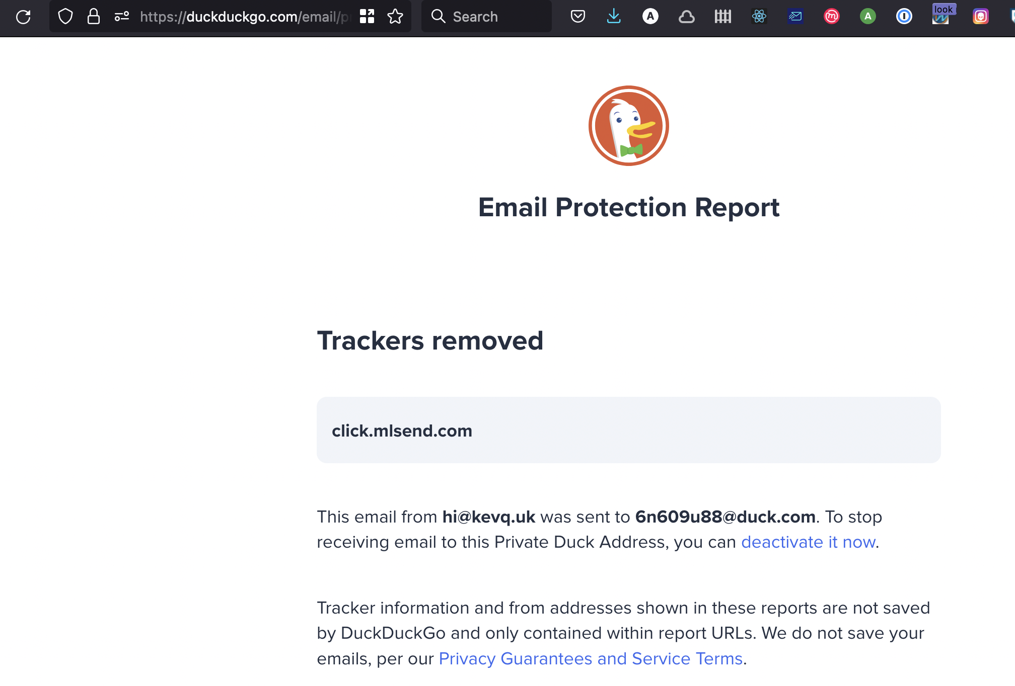 Image showing DuckDuckGo Email Protection service's privacy report page for an email that I received. It shows details of the tracker removed and an option to turn off the throwaway DuckDuckGo alias.