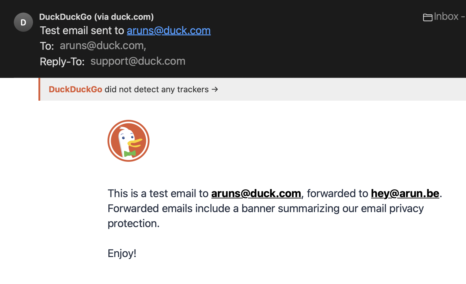 Image showing an email with DuckDuckGo's notice about the email not containing any trackers.