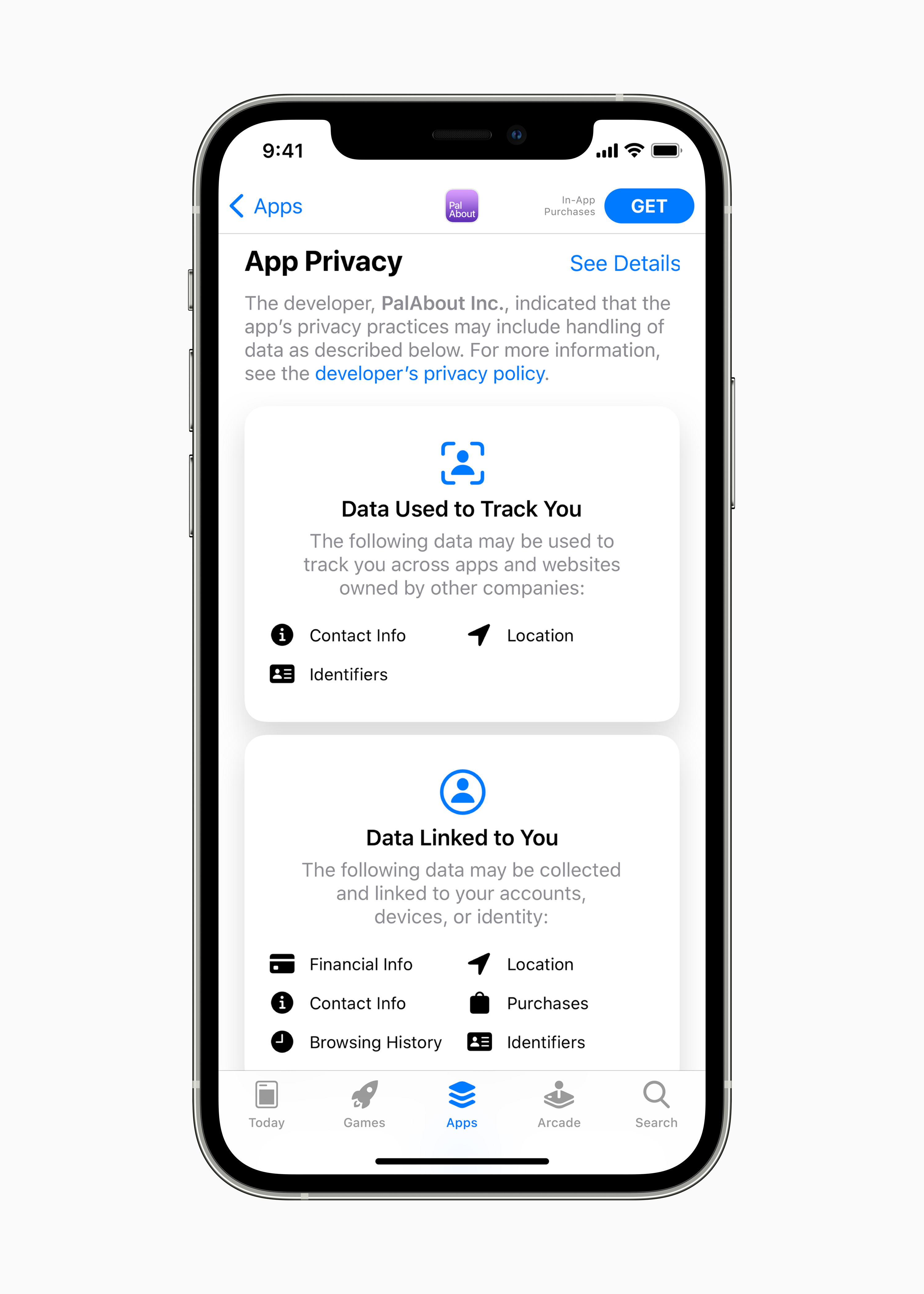 An image showing the new privacy nutrition labels feature on the Apple App Store