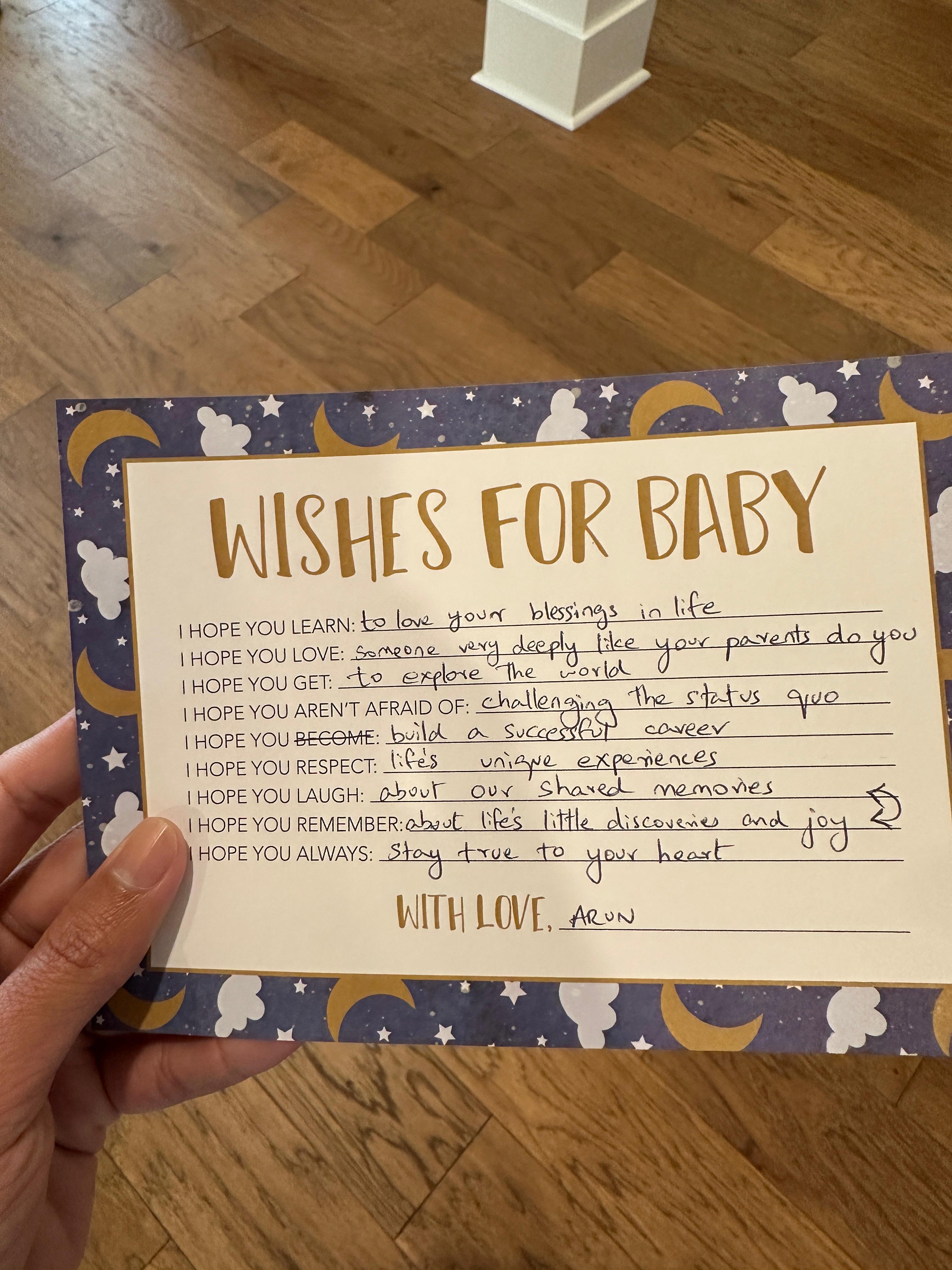 A “Wishes for baby” card filled out by me at my cousin’s baby shower event.