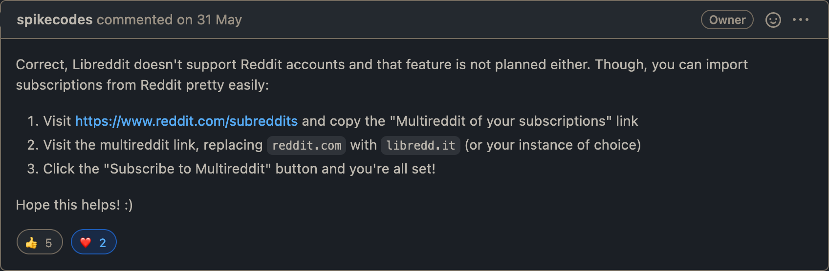 A screenshot from GitHub that shows instructions from the author of libreddit project to import subreddit subscriptions from reddit