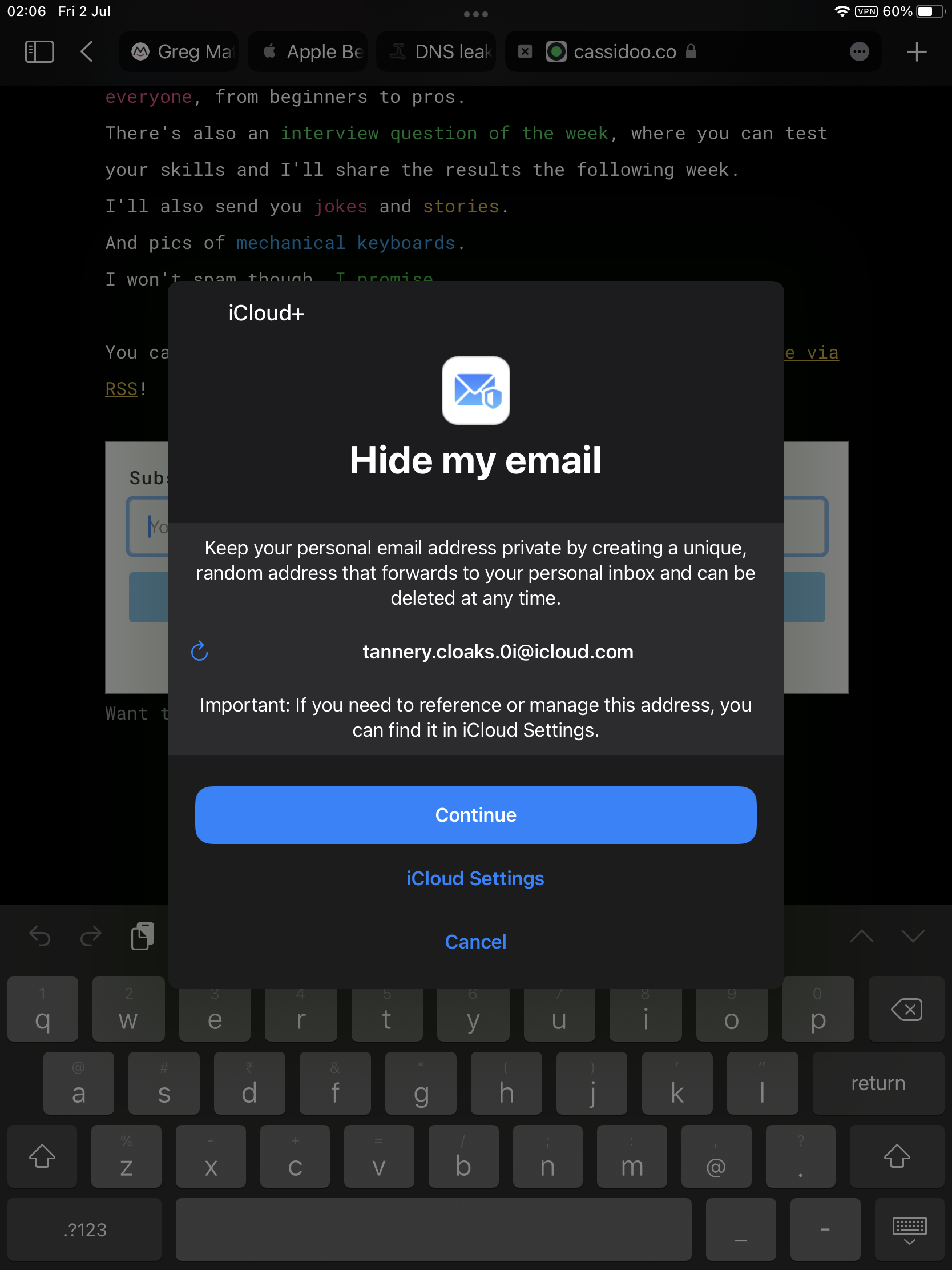 A screenshot showing the new Hide My Email functionality on Apple's iOS 15.