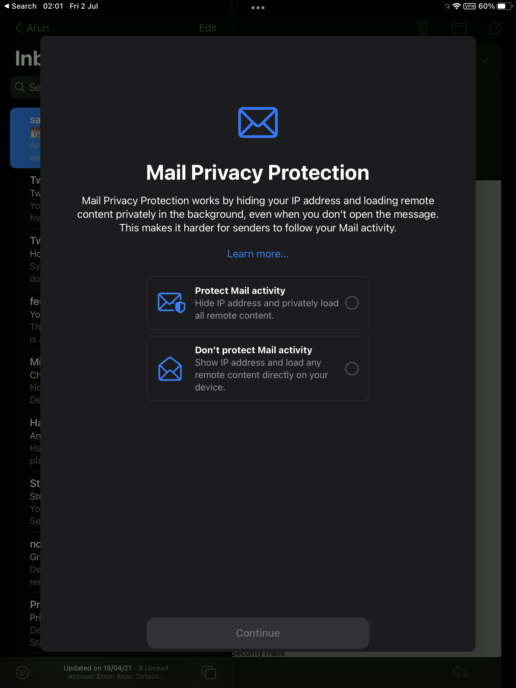 A screenshot from iOS 15 that shows the new Mail Privacy Protection feature. It blocks trackers on your mailboxes.