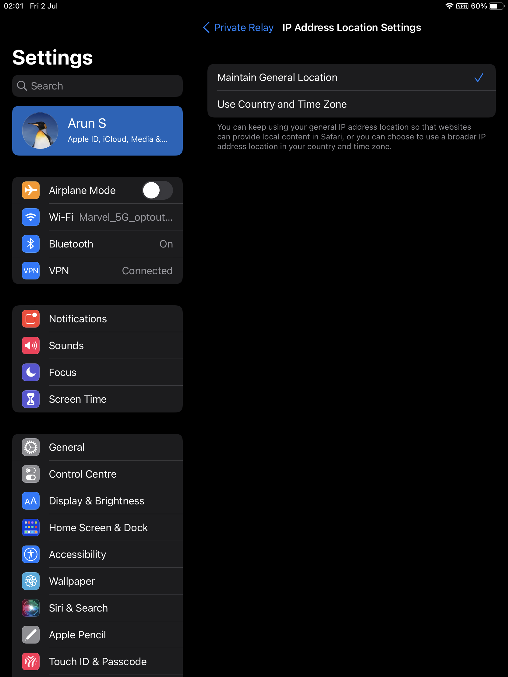 A screenshot from iOS 15 that shows the Private Relay functionality's settings.