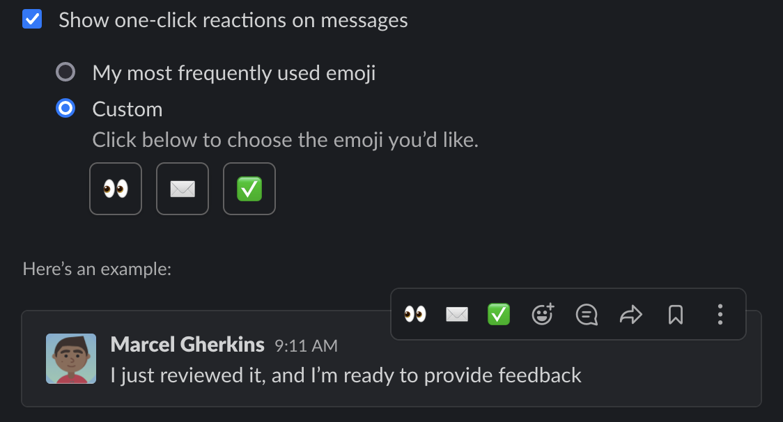 A screenshot of Slack settings that shows the option to set one-click emoji reactions