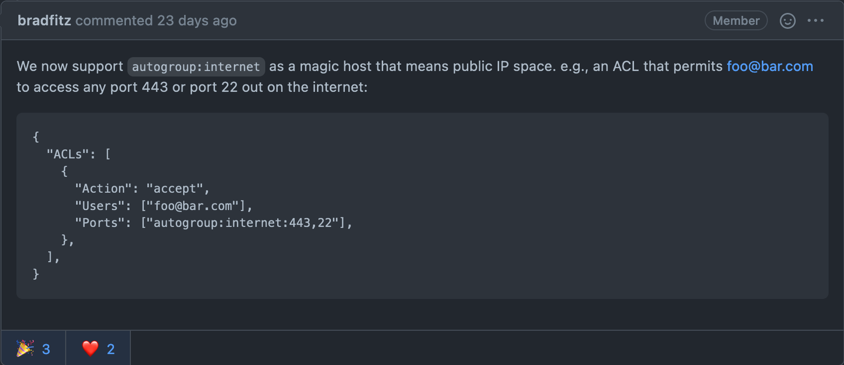 A screenshot of a GitHub comment, which describes a new host to control internet access on the exit nodes using Tailscale Access Control Lists.